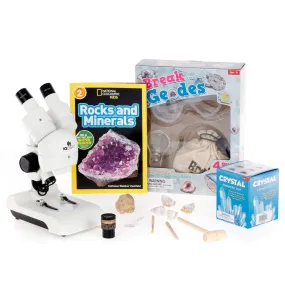 AmScope Kid's Natural Geode Adventurer Series Set featuring Deluxe All-In-One Stereo Microscope, Ultimate Natural Geode Exploration Set and more