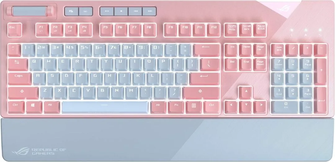 ASUS RGB mechanical gaming keyboard with Cherry MX switches, Pink/Grey