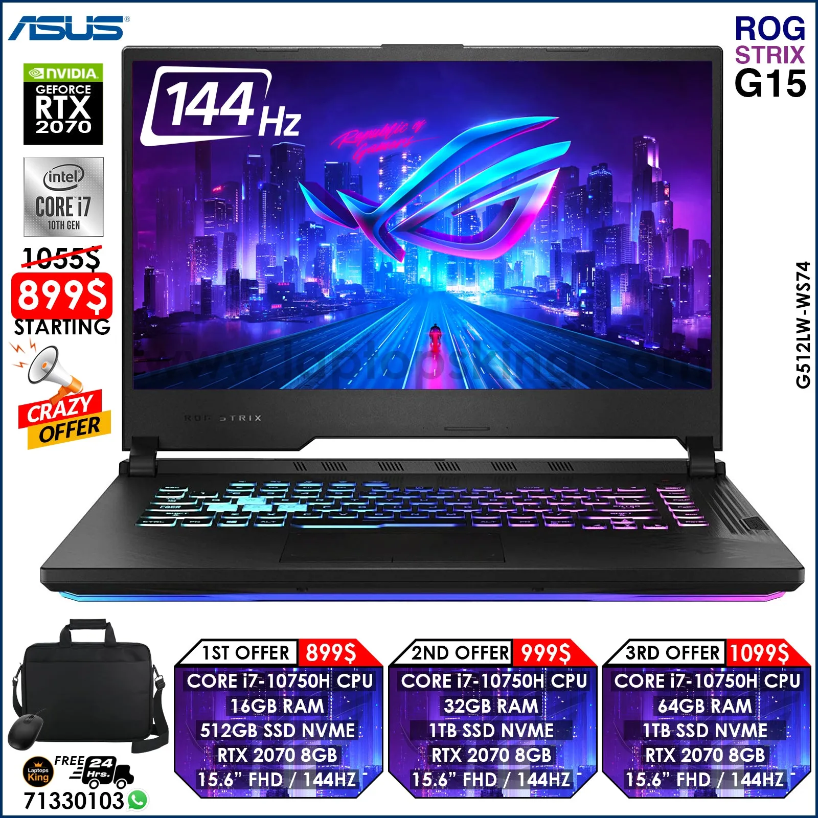 Asus Rog Strix G15 G512LW-WS74 Core i7-10750h Rtx 2070 144hz RGB Gaming Laptop Offers (New OB)