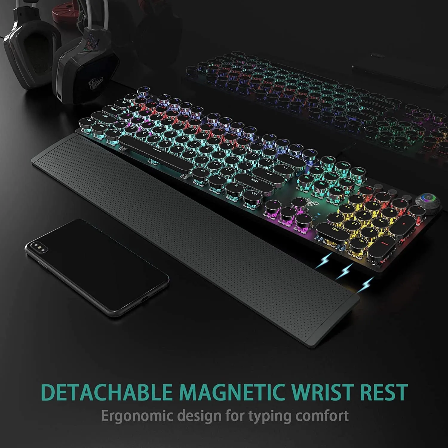 AULA F2088 Typewriter Style Mechanical Gaming Keyboard Blue Switch, with Removable Wrist Rest, Media Control Knob, Rainbow Backlit, Retro Punk round Keycaps, Full Size USB Wired Computer Keyboards