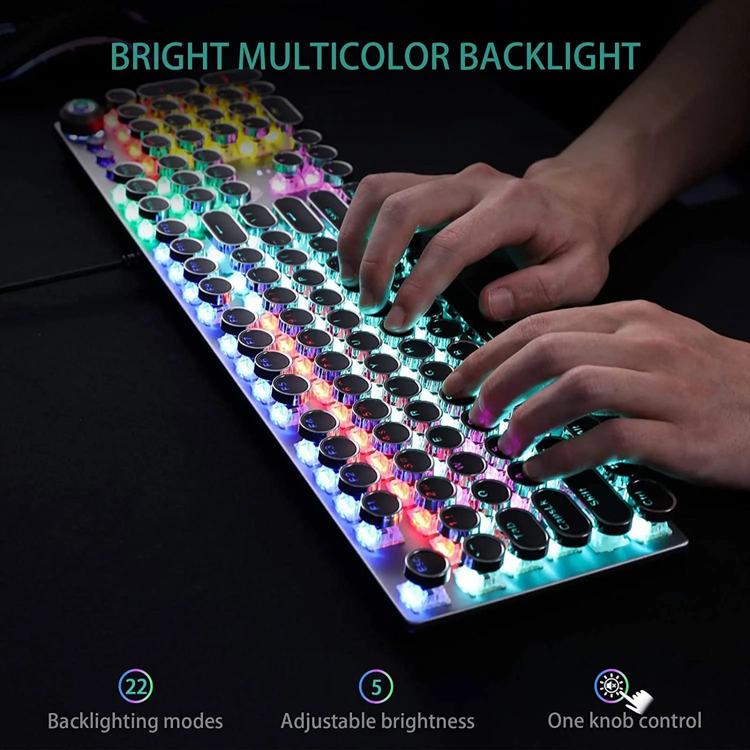 AULA F2088 Typewriter Style Mechanical Gaming Keyboard Blue Switch, with Removable Wrist Rest, Media Control Knob, Rainbow Backlit, Retro Punk round Keycaps, Full Size USB Wired Computer Keyboards