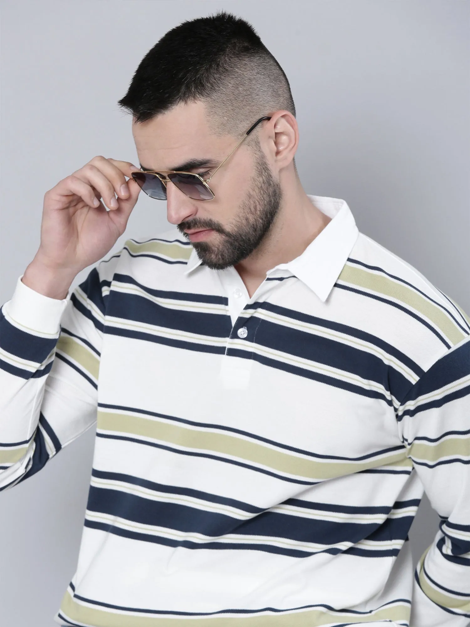 Auto Stripes Beige Navy Polo T-Shirt