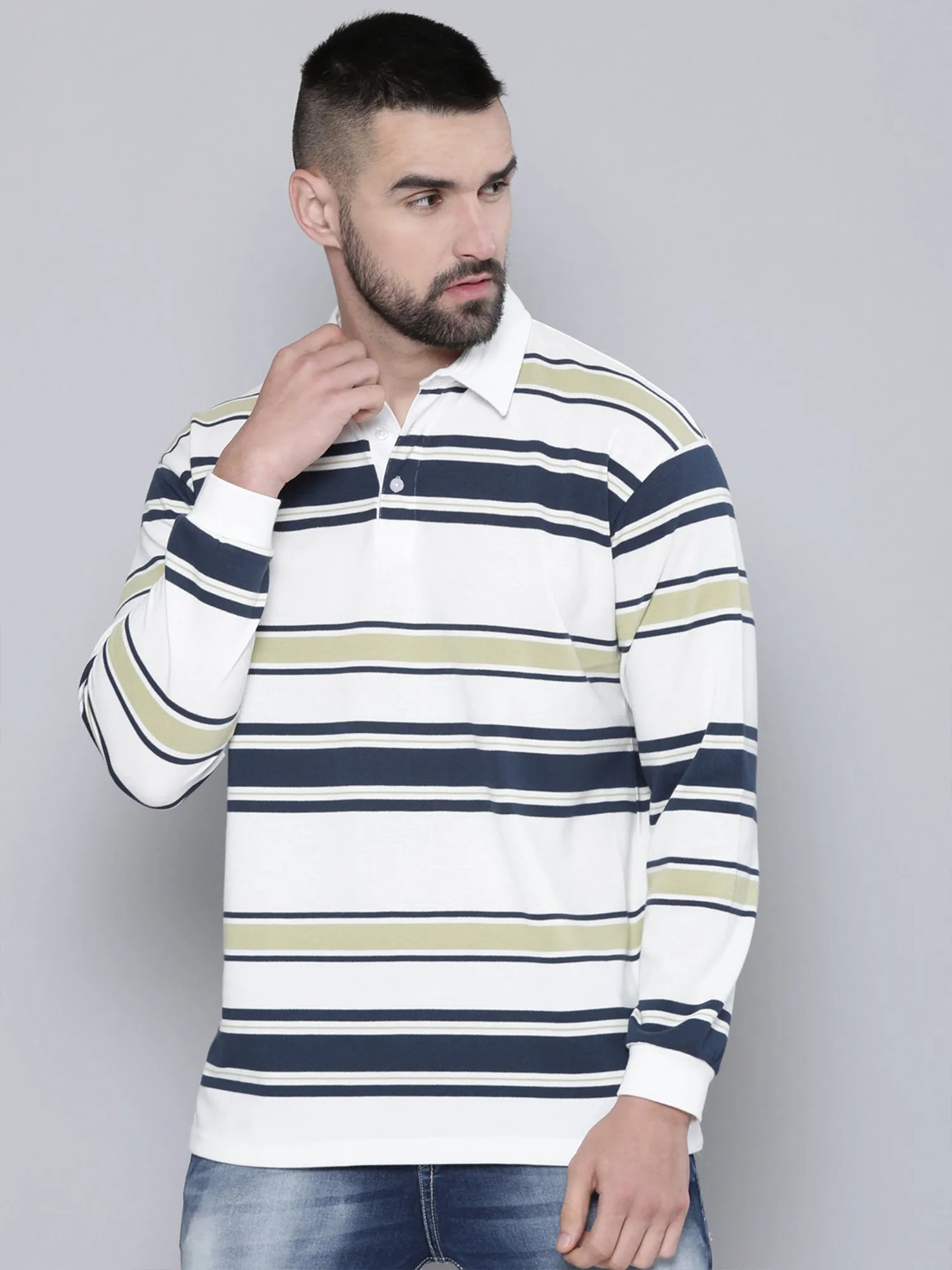 Auto Stripes Beige Navy Polo T-Shirt