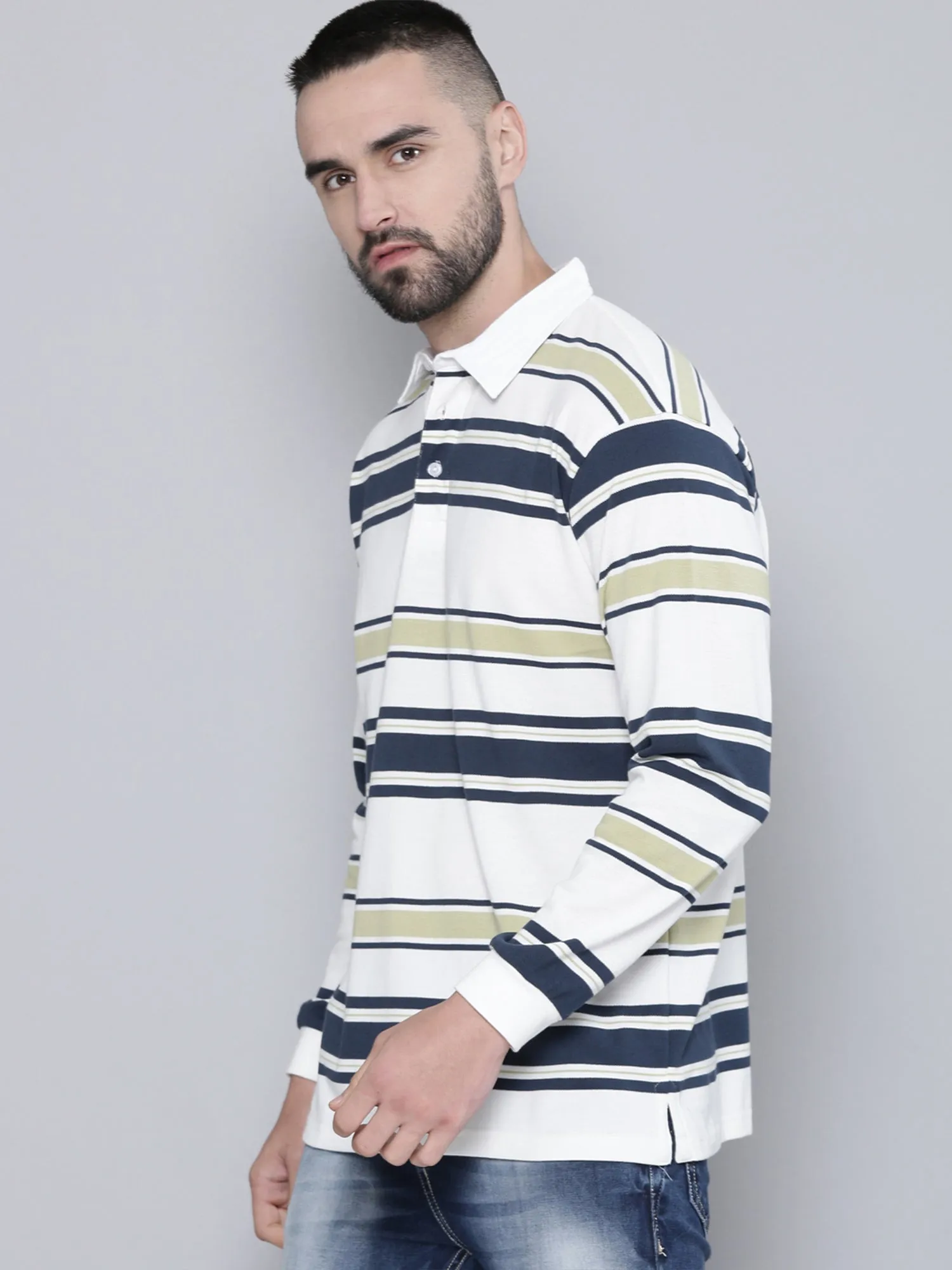 Auto Stripes Beige Navy Polo T-Shirt