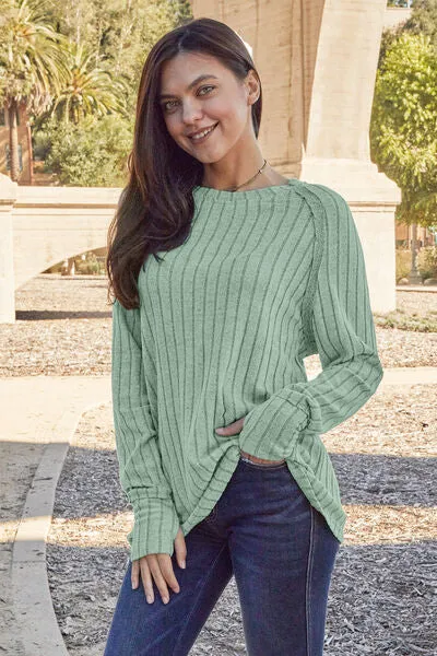 Basic Bae Full Size Ribbed Round Neck Long Sleeve Knit Top