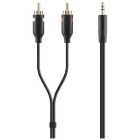 Belkin Mini-phone/RCA Audio Cable - 2 m Mini-phone/RCA Audio Cable for iPad, iPod, iPhone, Tablet, Smartphone - First End: 2 x RCA Stereo Audio - Male - Second End: 1 x Mini-phone Stereo Audio - Male - Shielding - Black