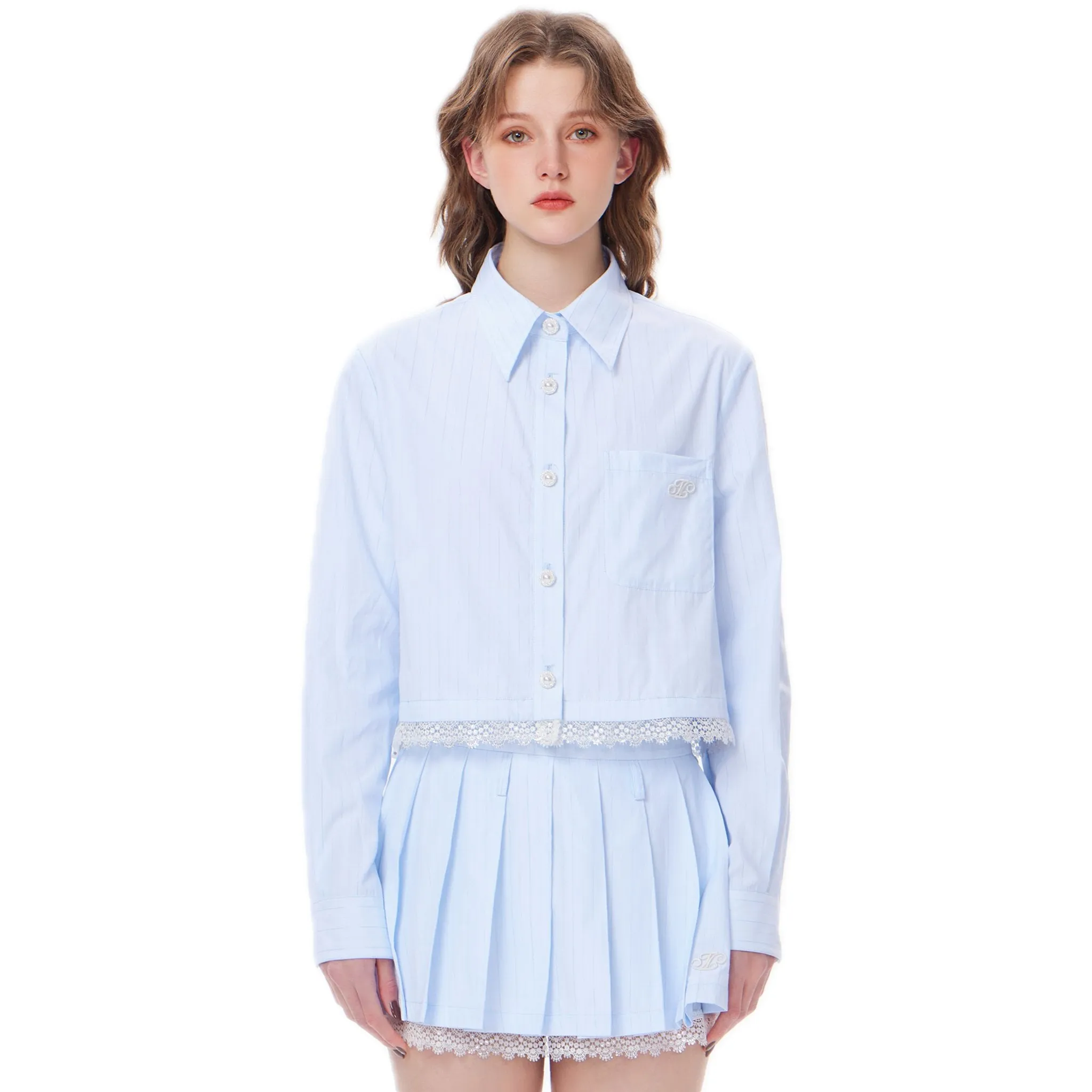 Blue And White Striped Short Stereo Embroidered Lace Trim Shirt