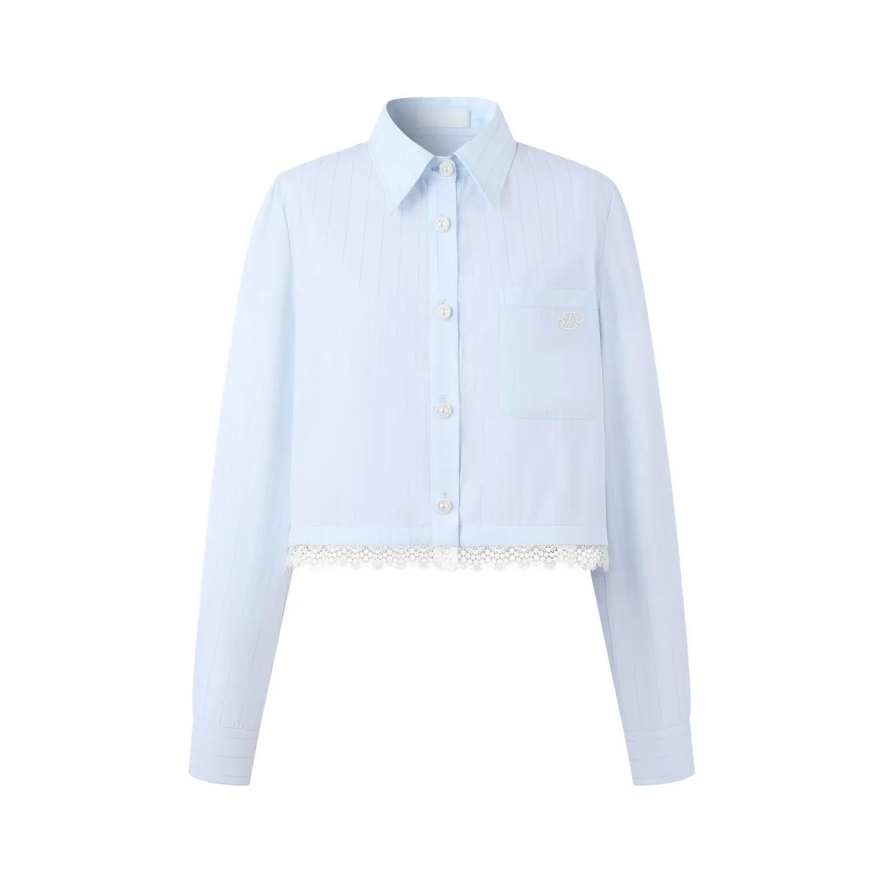 Blue And White Striped Short Stereo Embroidered Lace Trim Shirt