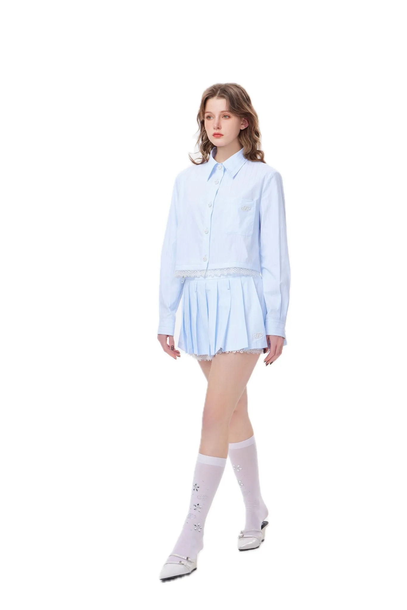 Blue And White Striped Short Stereo Embroidered Lace Trim Shirt