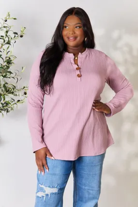 Celeste Full Size Texture Half Button Long Sleeve Blouse