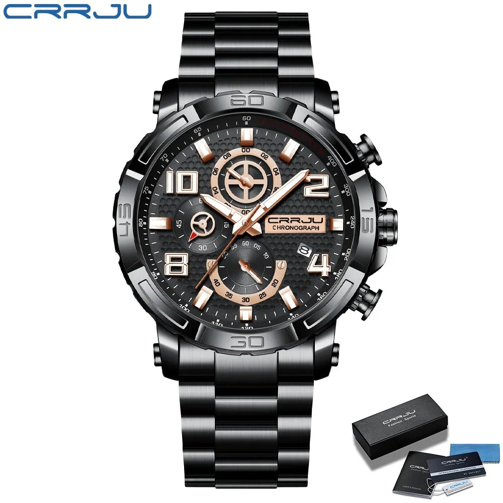 CRRJU Men Watches Big Dial Waterproof Stainless Steel with Luminous handsDate Sport Chronograph Watches Relogio Masculino