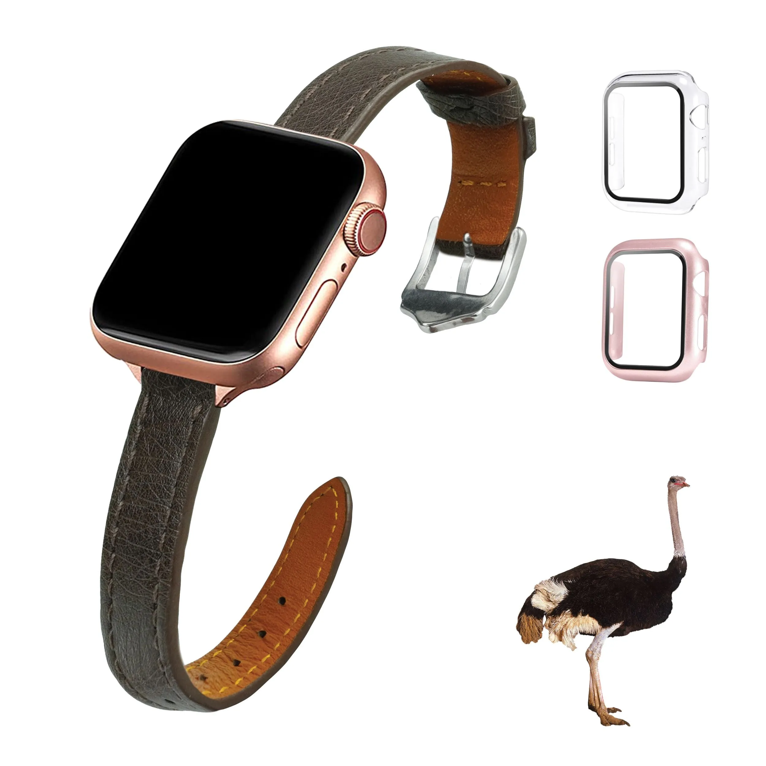 Dark Brown Flat Ostrich Leather Band Compatible Apple Watch Iwatch 45mm Screen Protector Case Silver Adapter Replacement Strap For Smartwatch Series 7 8  Leather Handmade AW-183S-W-45MM