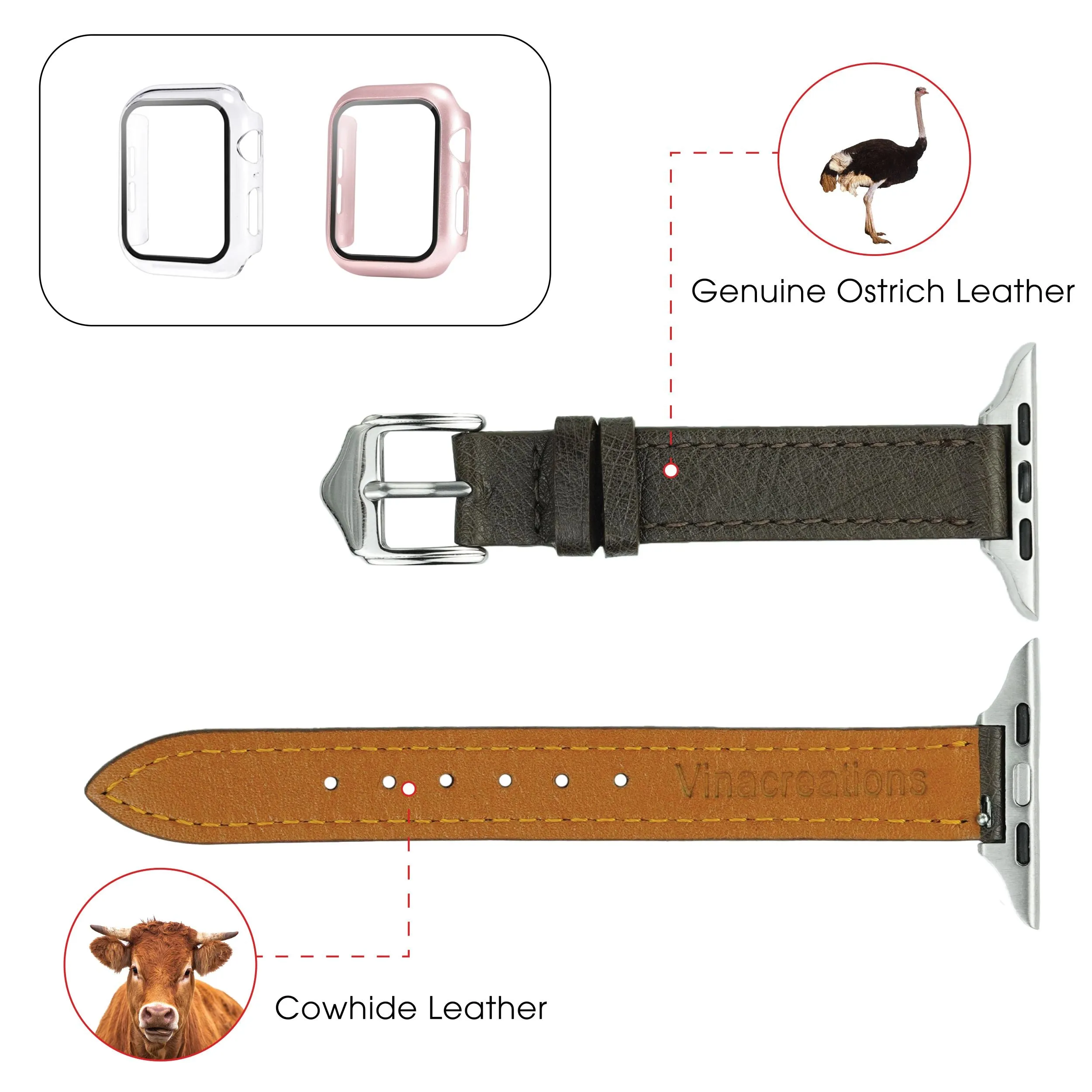 Dark Brown Flat Ostrich Leather Band Compatible Apple Watch Iwatch 45mm Screen Protector Case Silver Adapter Replacement Strap For Smartwatch Series 7 8  Leather Handmade AW-183S-W-45MM