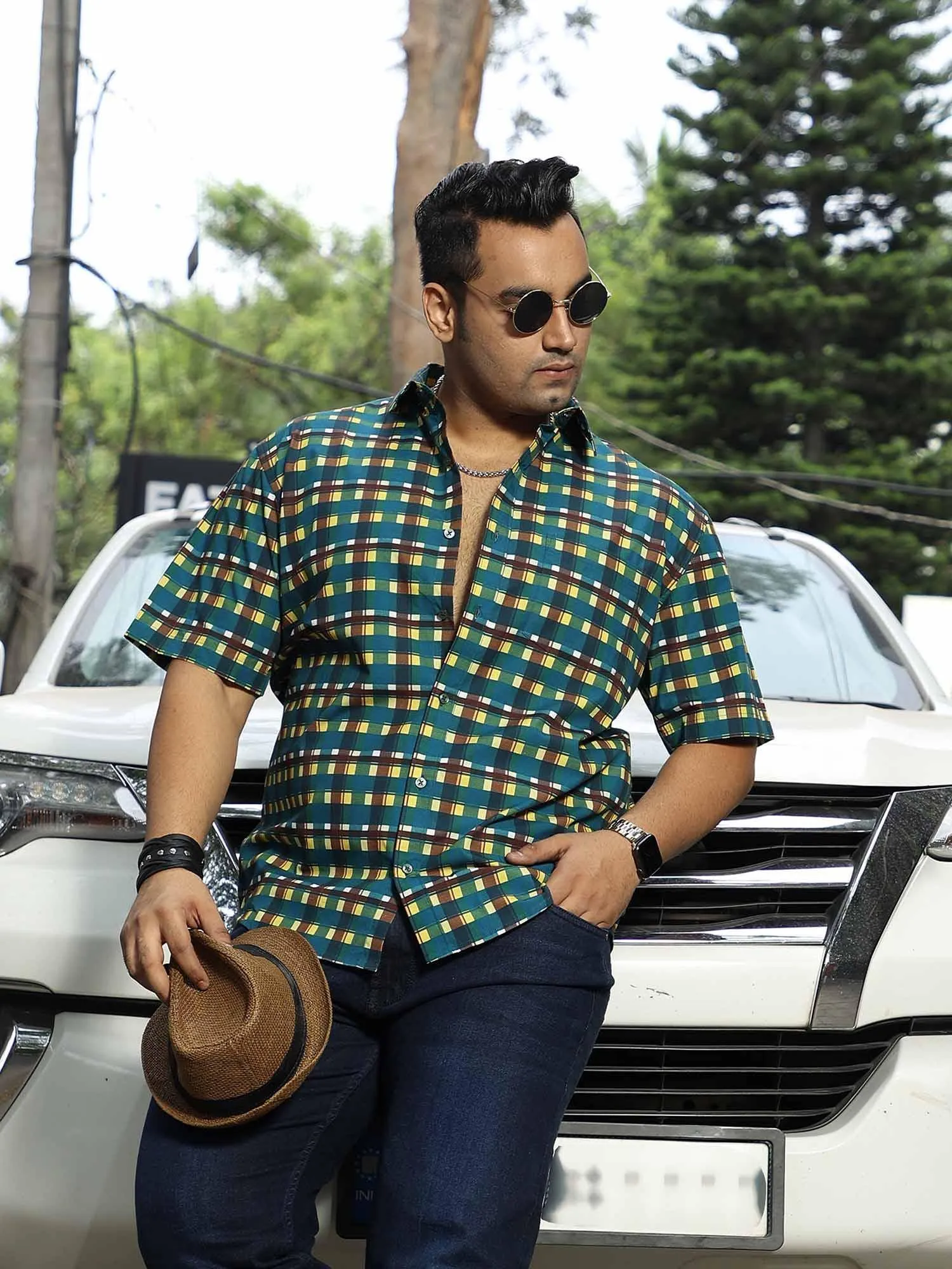 Emerald Yellow Check Cotton Half Sleeve Shirt Men's Plus Size