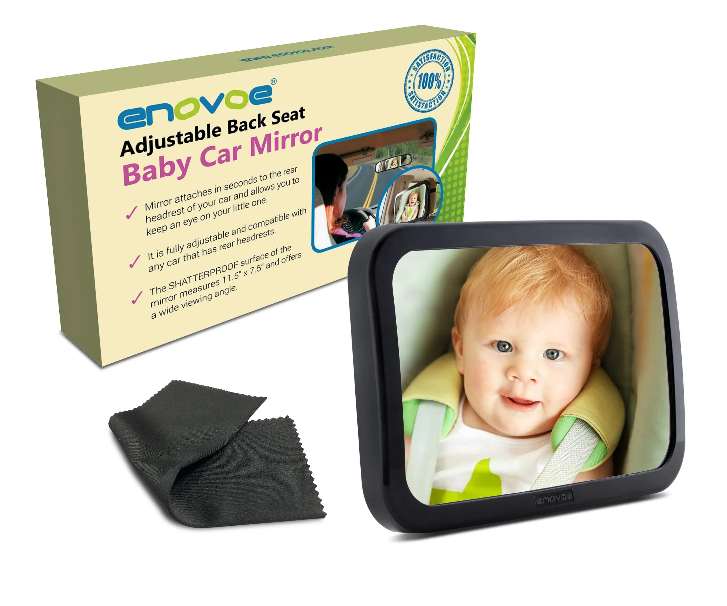 Enovoe Baby Car Mirror with Cleaning Cloth - Wide, Convex Back Seat Baby Mirror for Car is