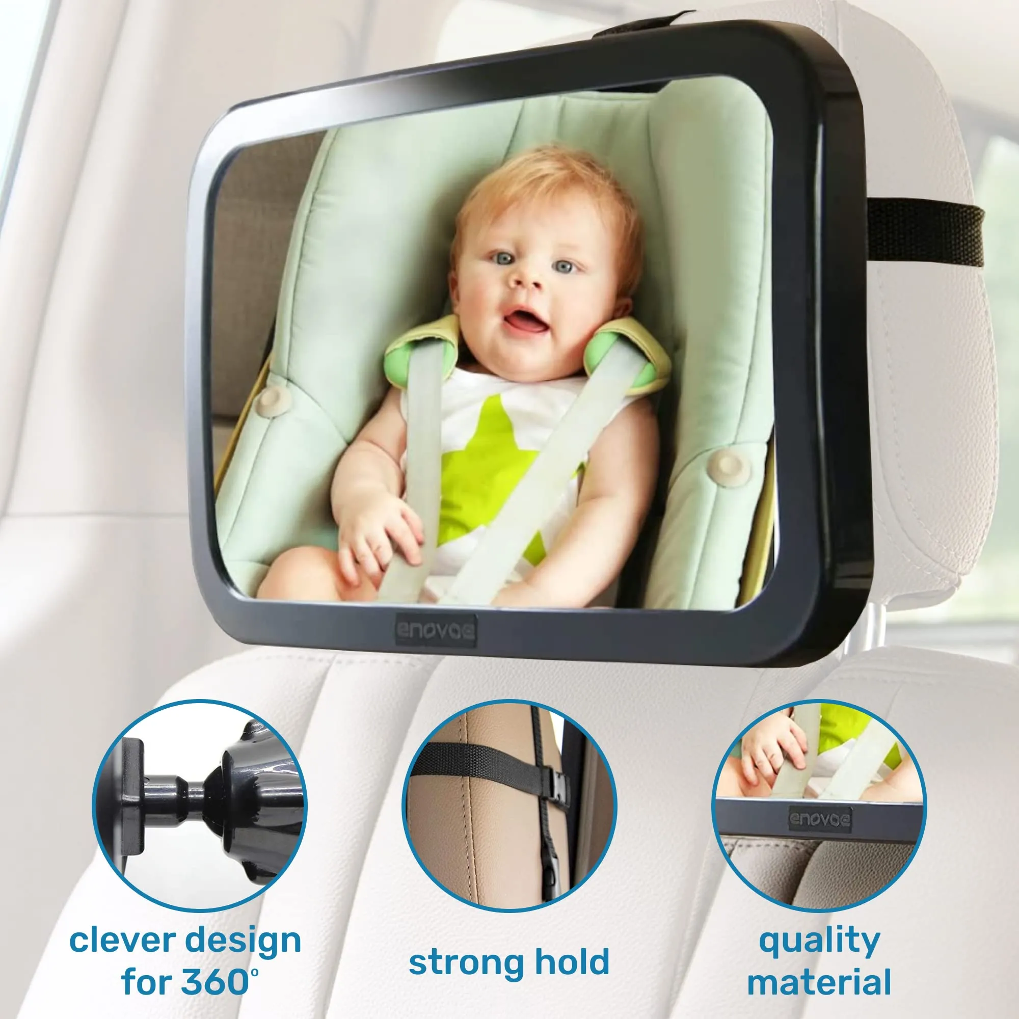 Enovoe Baby Car Mirror with Cleaning Cloth - Wide, Convex Back Seat Baby Mirror for Car is