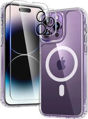 Entronix Case Magnetic Clear Case Designed for Apple iPhone 14 Pro with 1 Tempered and Camera Lens, Shockproof Transparent Crystal Cover