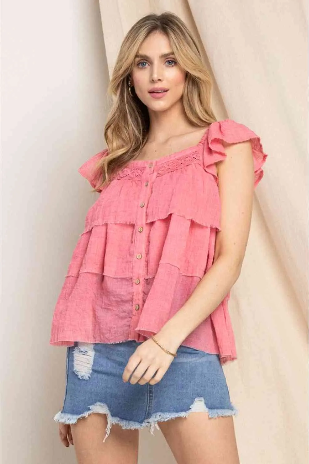 Full Size Buttoned Ruffled Top