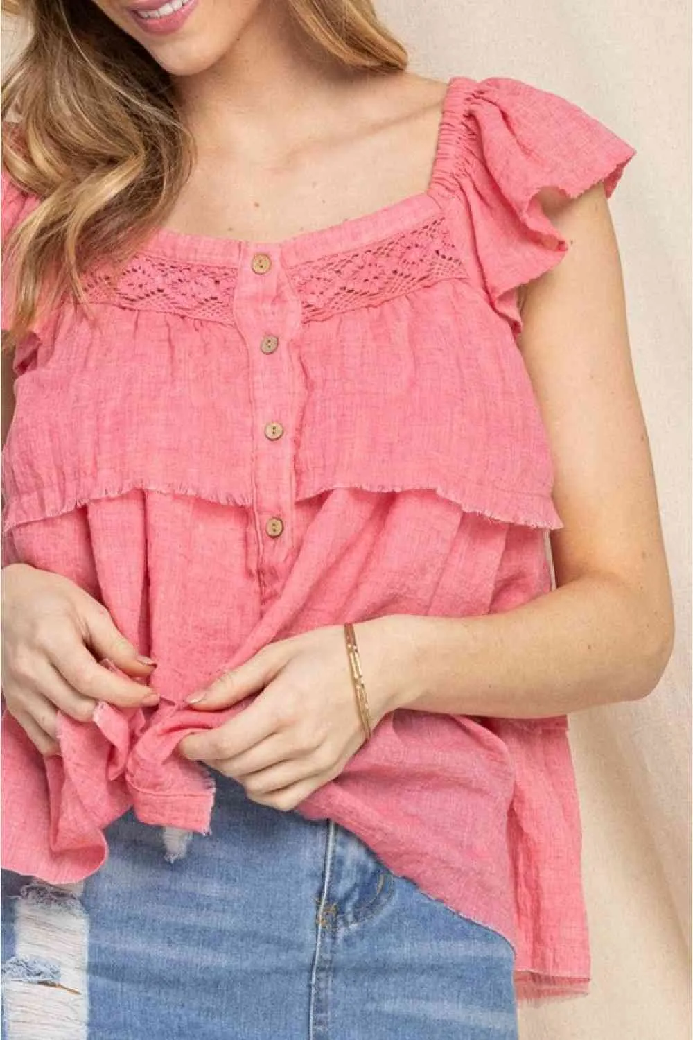 Full Size Buttoned Ruffled Top