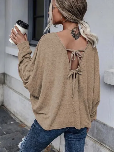 Full Size Round Neck Dropped Shoulder Tied T-Shirt