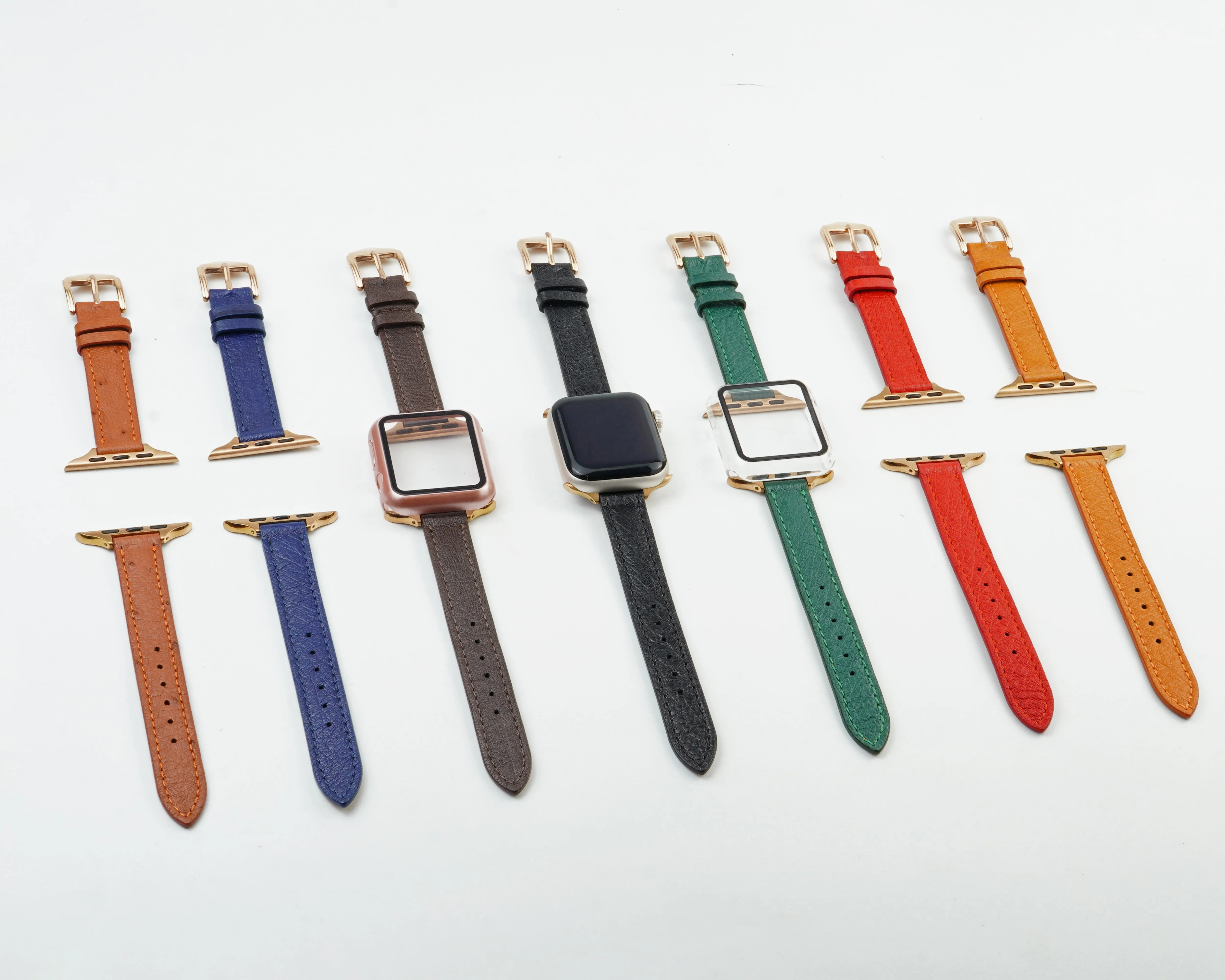 Green Flat Ostrich Leather Band Compatible Apple Watch Iwatch 38mm Screen Protector Case Gold Adapter Replacement Strap For Smartwatch Series 1 2 3 Leather Handmade AW-188G-W-38MM