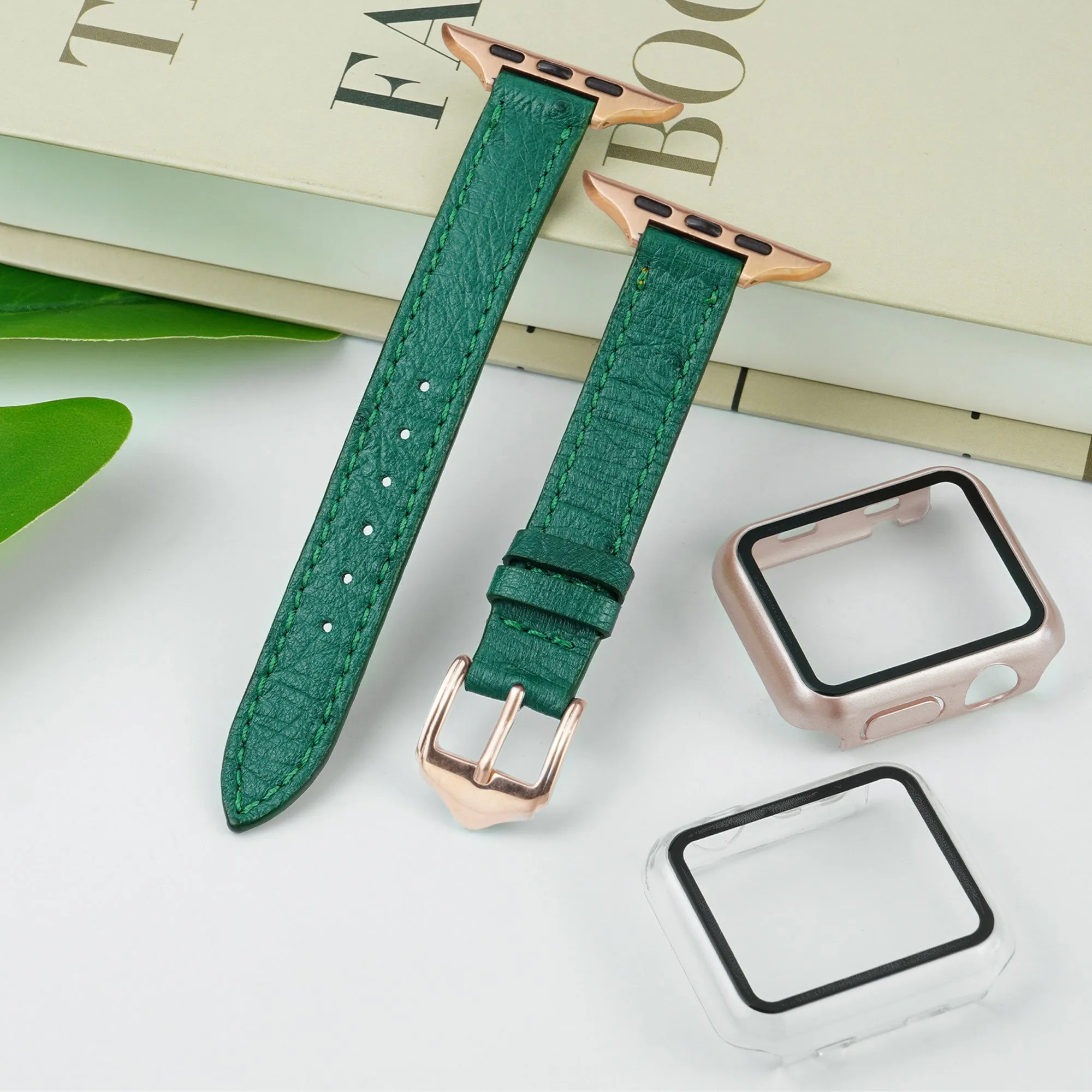 Green Flat Ostrich Leather Band Compatible Apple Watch Iwatch 38mm Screen Protector Case Gold Adapter Replacement Strap For Smartwatch Series 1 2 3 Leather Handmade AW-188G-W-38MM