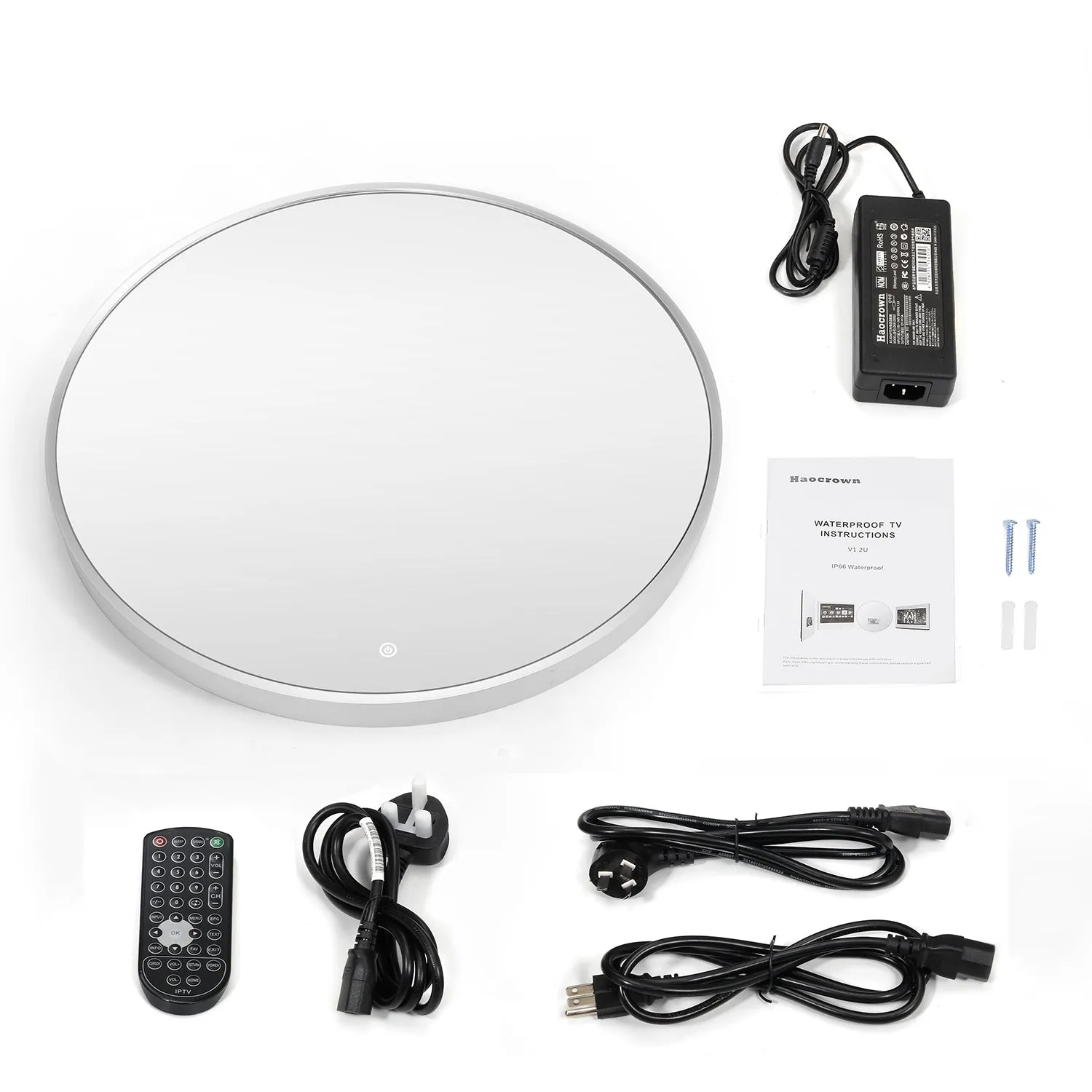 Haocrown 23.6" Circle Wall Mounted Mirror Built-in 10.6" Smart Bathroom TV with IP66 Waterproof Android 11.0 SystemTelevision Bluetooth -HG236BM