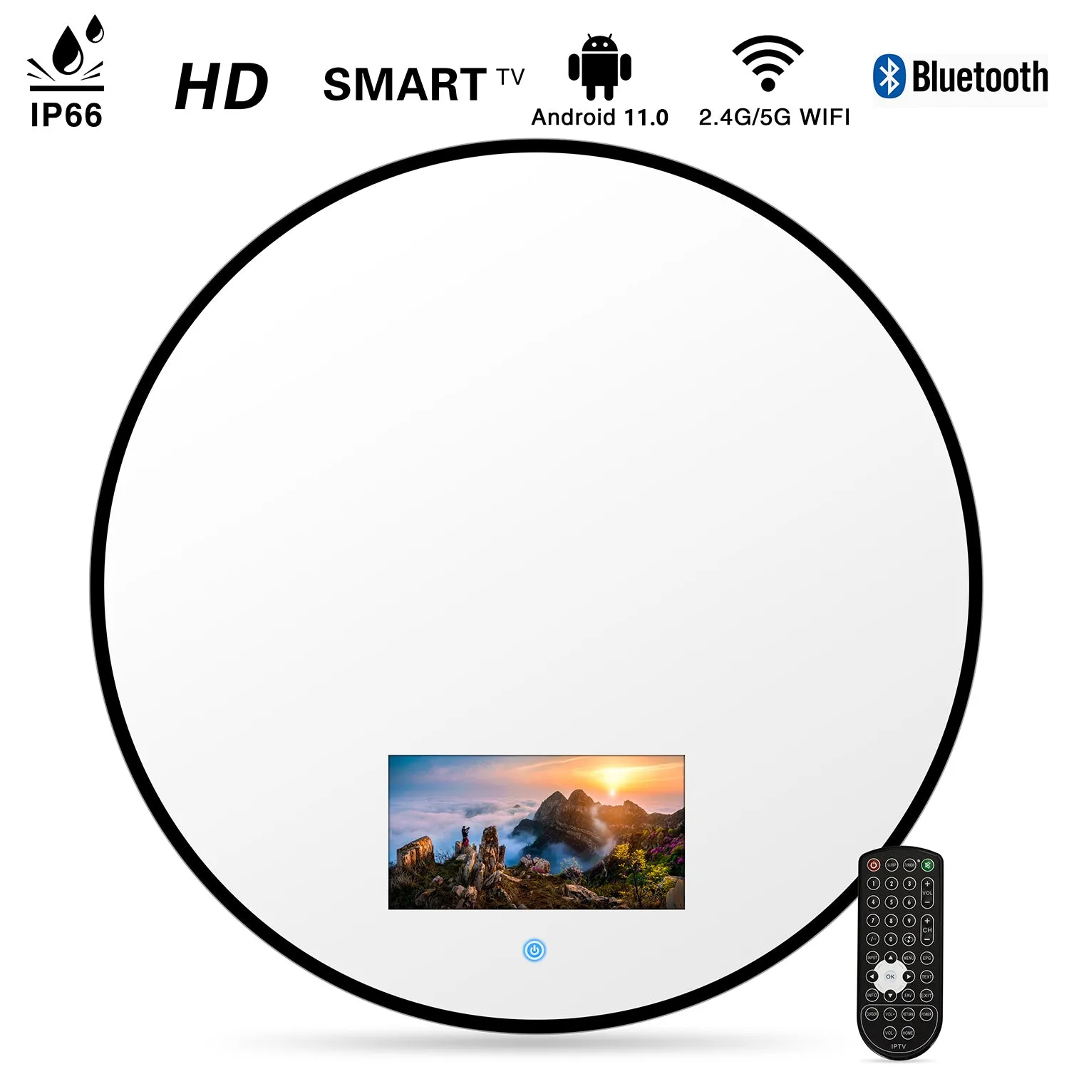 Haocrown 23.6" Circle Wall Mounted Mirror Built-in 10.6" Smart Bathroom TV with IP66 Waterproof Android 11.0 SystemTelevision Bluetooth -HG236BM