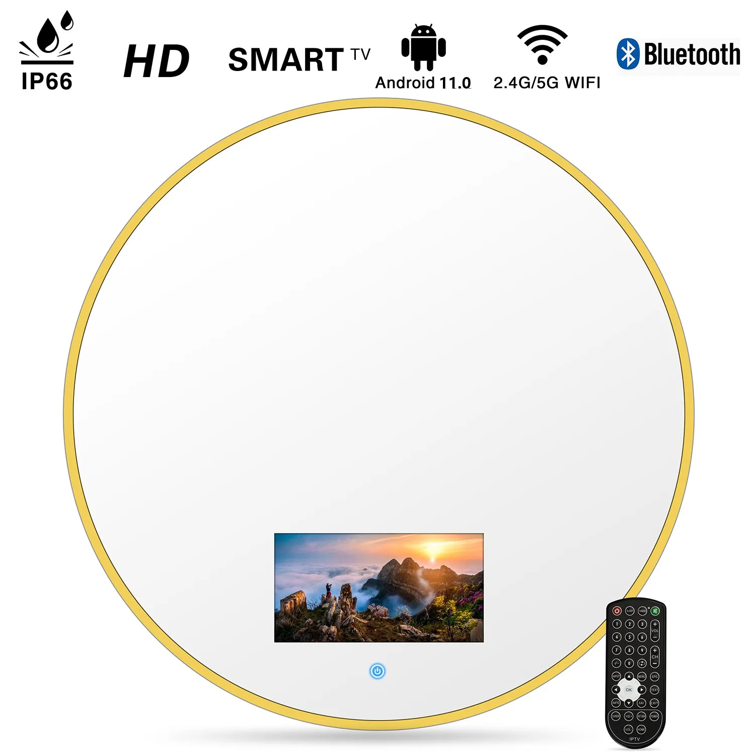 Haocrown 23.6" Circle Wall Mounted Mirror Built-in 10.6" Smart Bathroom TV with IP66 Waterproof Android 11.0 SystemTelevision Bluetooth -HG236BM