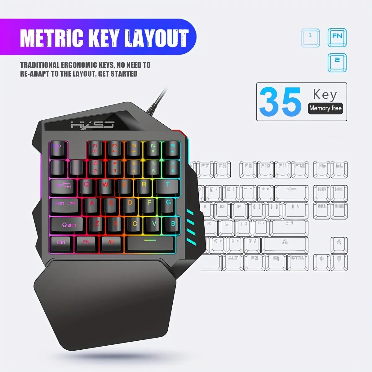 HXSJ V100 One-Handed Gaming Keyboard Elevate Your Gameplay with Ergonomic Design and RGB Lighting