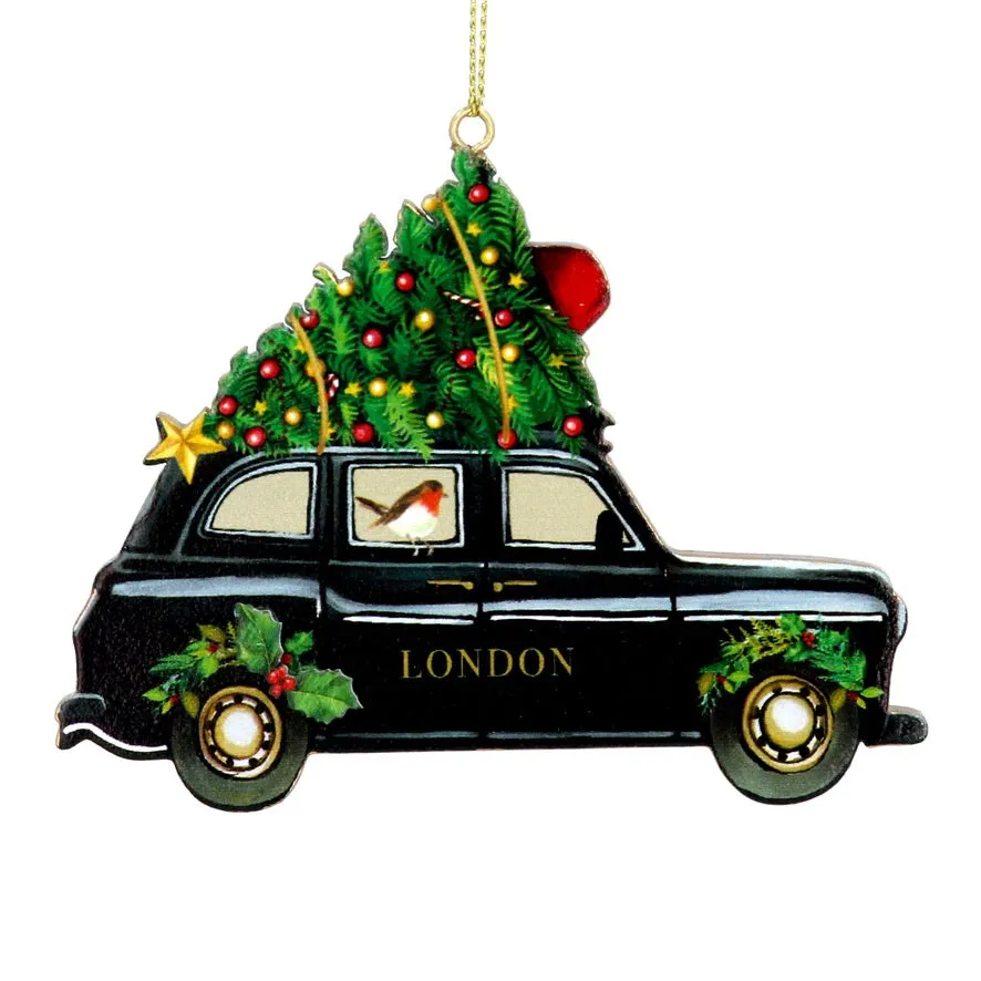 London Black Taxi Cab with Tree Wood Ornament