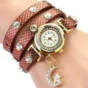 Look To The Moon And Stars Sparkly Wrap Bracelet Watch in Antique Cherry