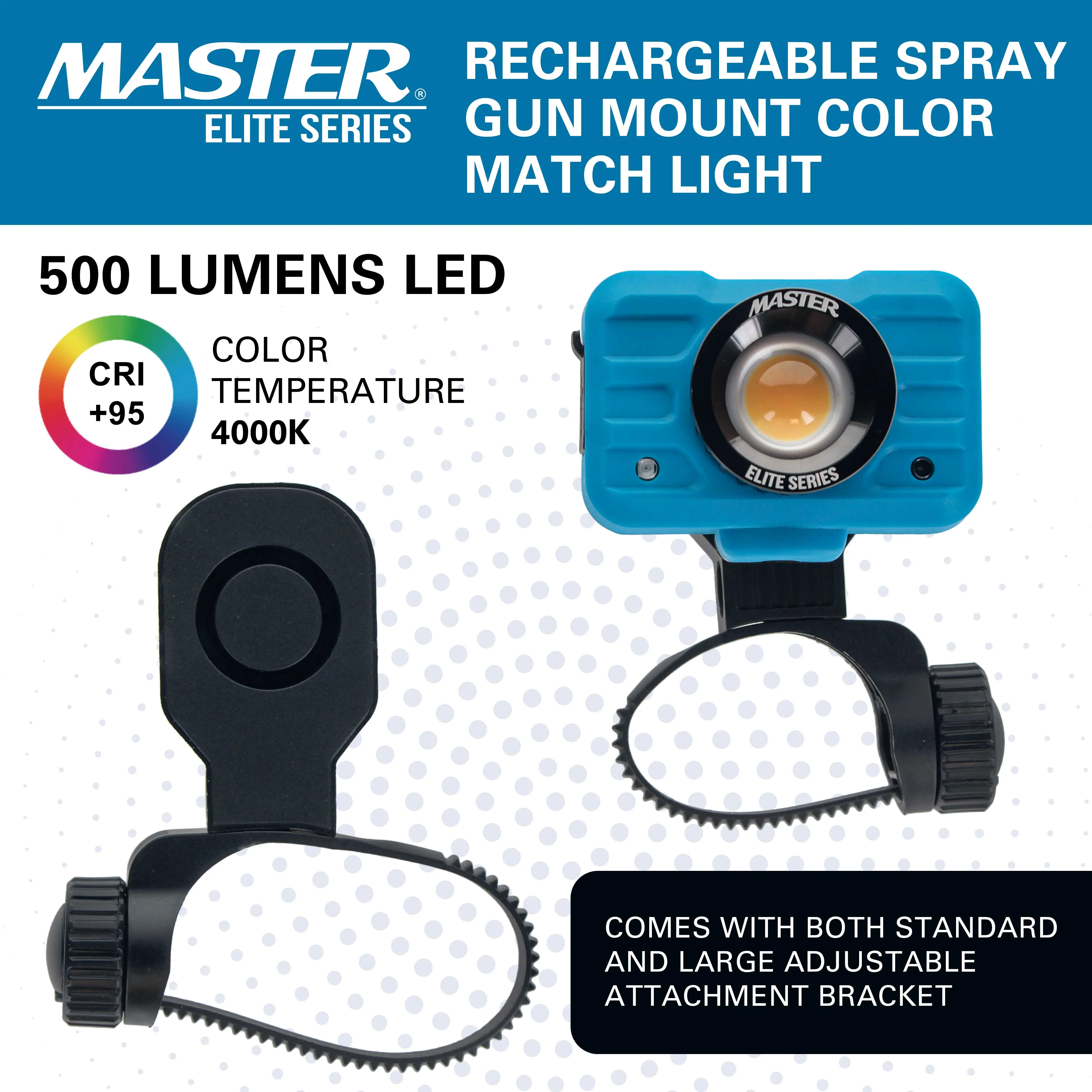 Master Elite Rechargeable Spray Gun Mount Color Match Light, 500 Lumen LED, CRI 95  - Replicates Natural Sunlight, Illuminates Paint Surface