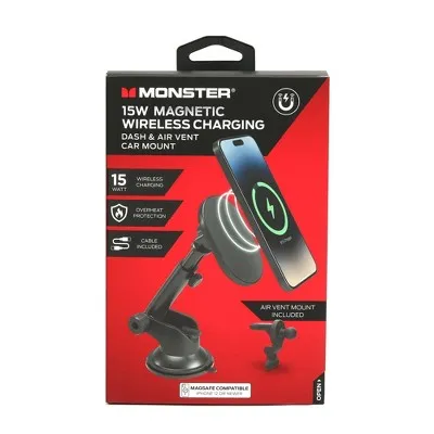 Monster 15Watt Magnetic Wireless Charging Car Mount Dash and Vent Mount