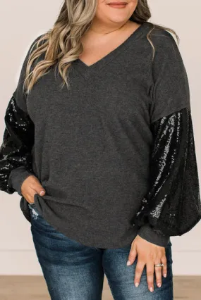 Plus Size Sequin Long Sleeve V-Neck Top