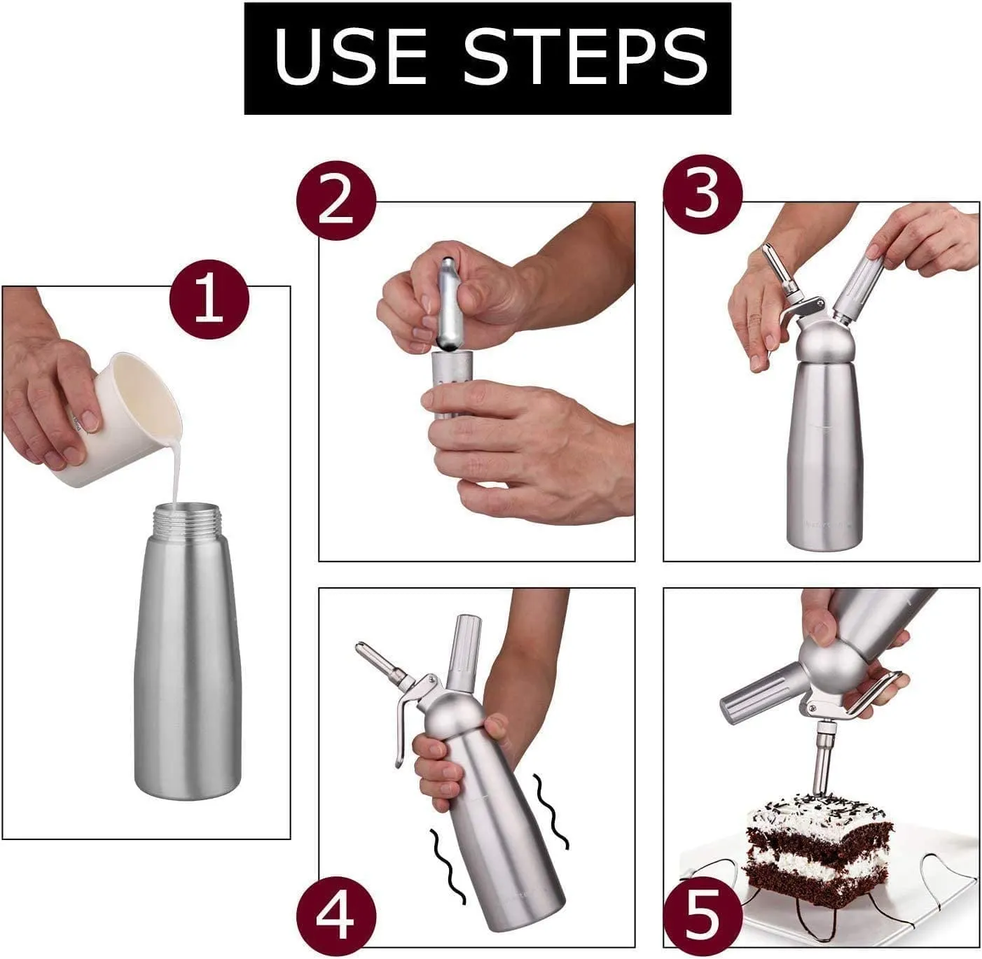 Professional Whipped Cream Dispenser Stainless Steel Cream Whipper, Durable Whip Cream Canister Whipping Siphon with 3 Decorating Nozzles, 1-Pint Gourmet Cream Whipper