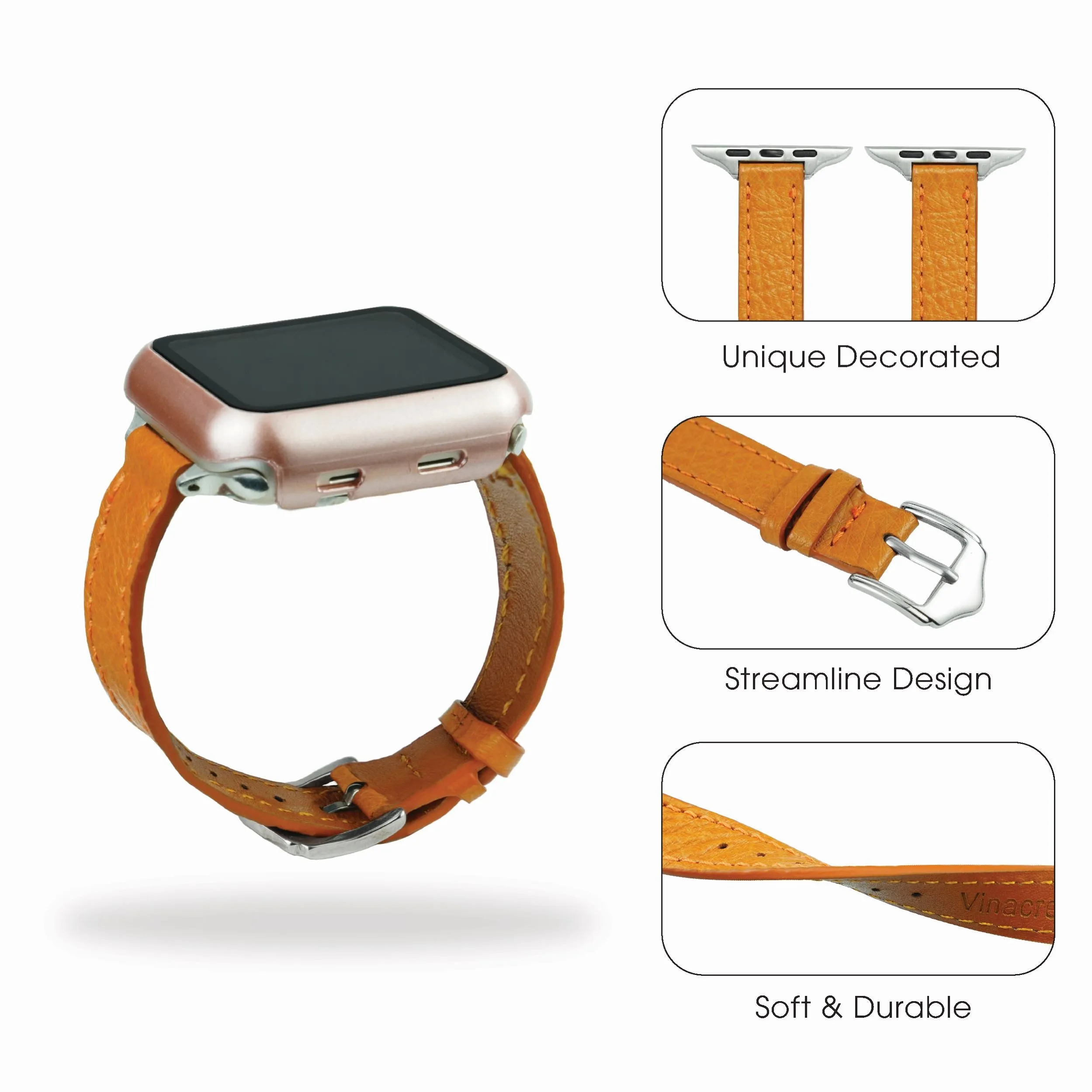 Tan Flat Ostrich Leather Band Compatible Apple Watch Iwatch 41mm Screen Protector Case Silver Adapter Replacement Strap For Smartwatch Series 7 8 Leather Handmade AW-182S-W-41MM