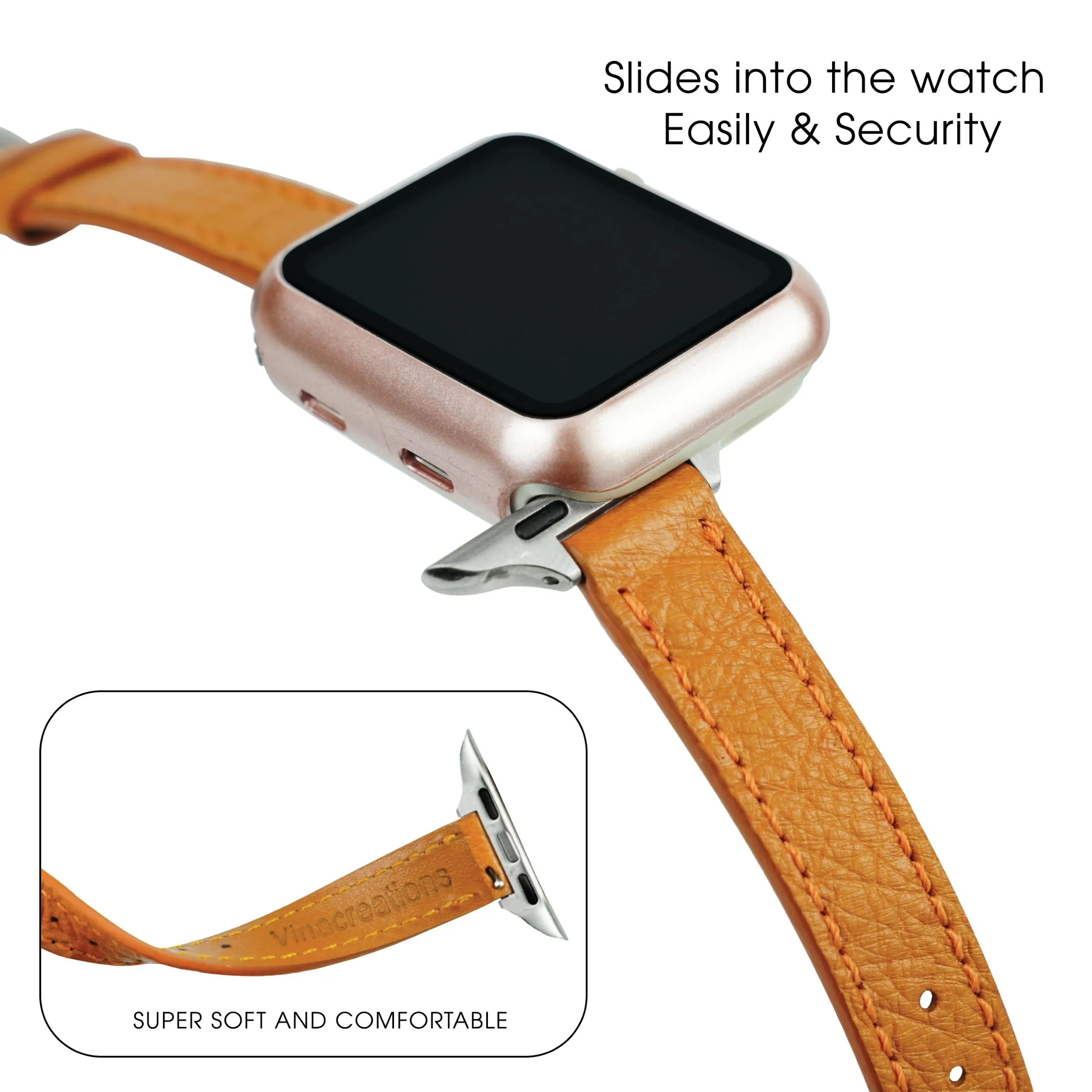 Tan Flat Ostrich Leather Band Compatible Apple Watch Iwatch 41mm Screen Protector Case Silver Adapter Replacement Strap For Smartwatch Series 7 8 Leather Handmade AW-182S-W-41MM