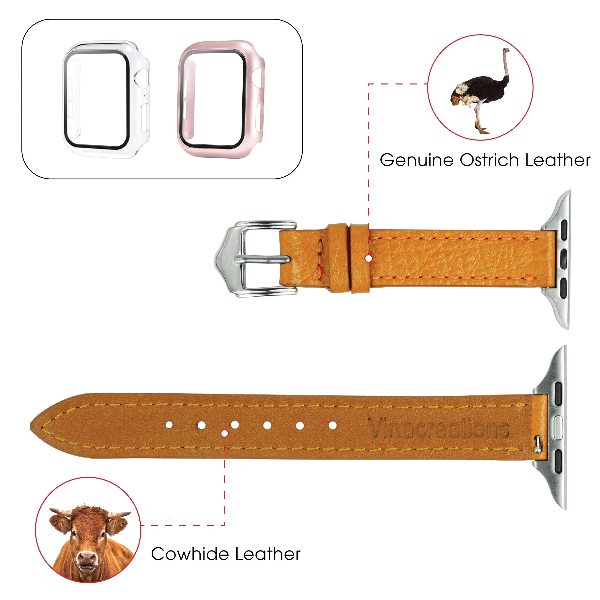 Tan Flat Ostrich Leather Band Compatible Apple Watch Iwatch 41mm Screen Protector Case Silver Adapter Replacement Strap For Smartwatch Series 7 8 Leather Handmade AW-182S-W-41MM