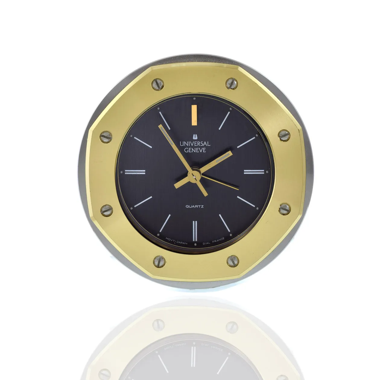 Universal Genève Circa 1980s Two-Tone Brass Alarm Desk Clock