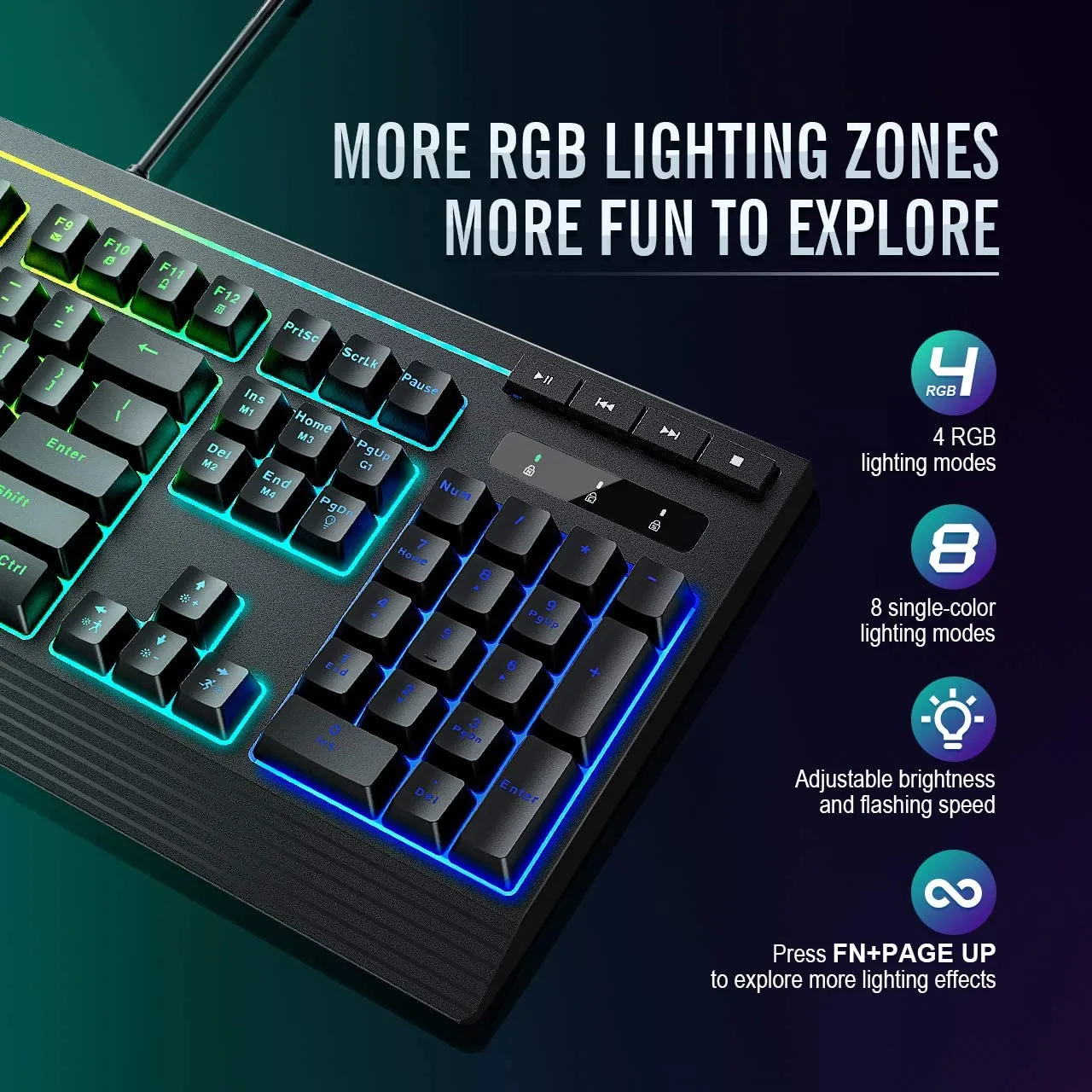 Wired Adjustable Backlight RGB Gaming Keyboard - Non-Fading Keycaps