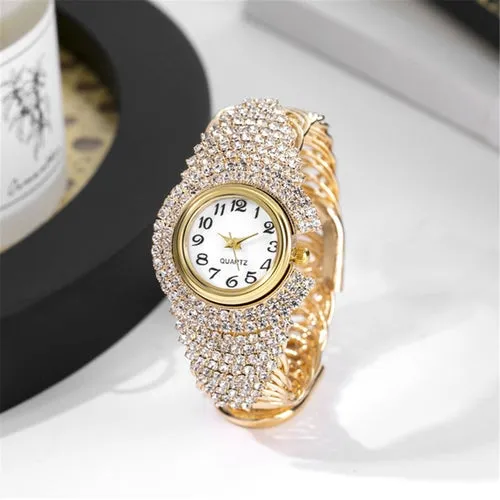 Women Girls Elegant Crystal Bangle Bracelet Round Dial Analog Quartz