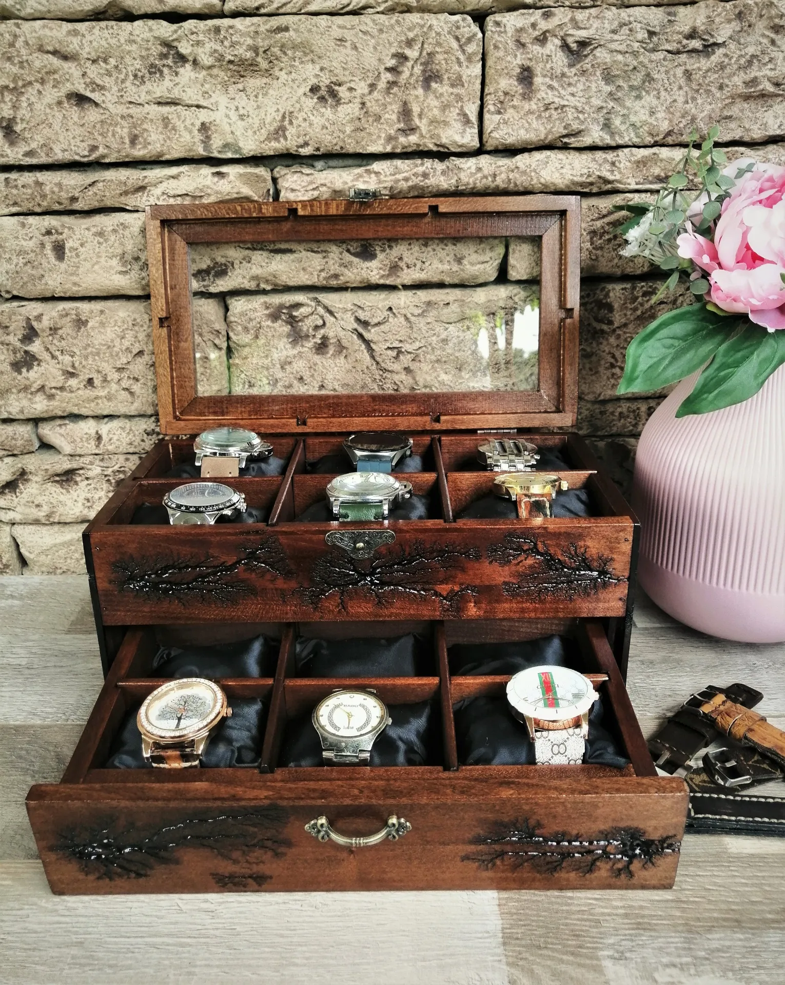 Wood Watch Box Storage With Drawer Glass Display Top | 12 Slot Watchbox Lichtenberg Figure