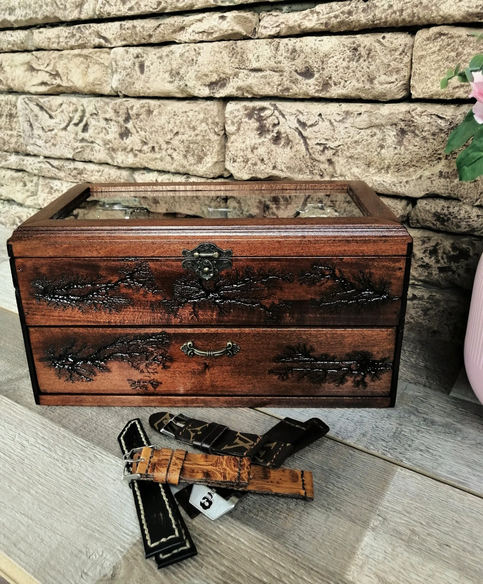 Wood Watch Box Storage With Drawer Glass Display Top | 12 Slot Watchbox Lichtenberg Figure