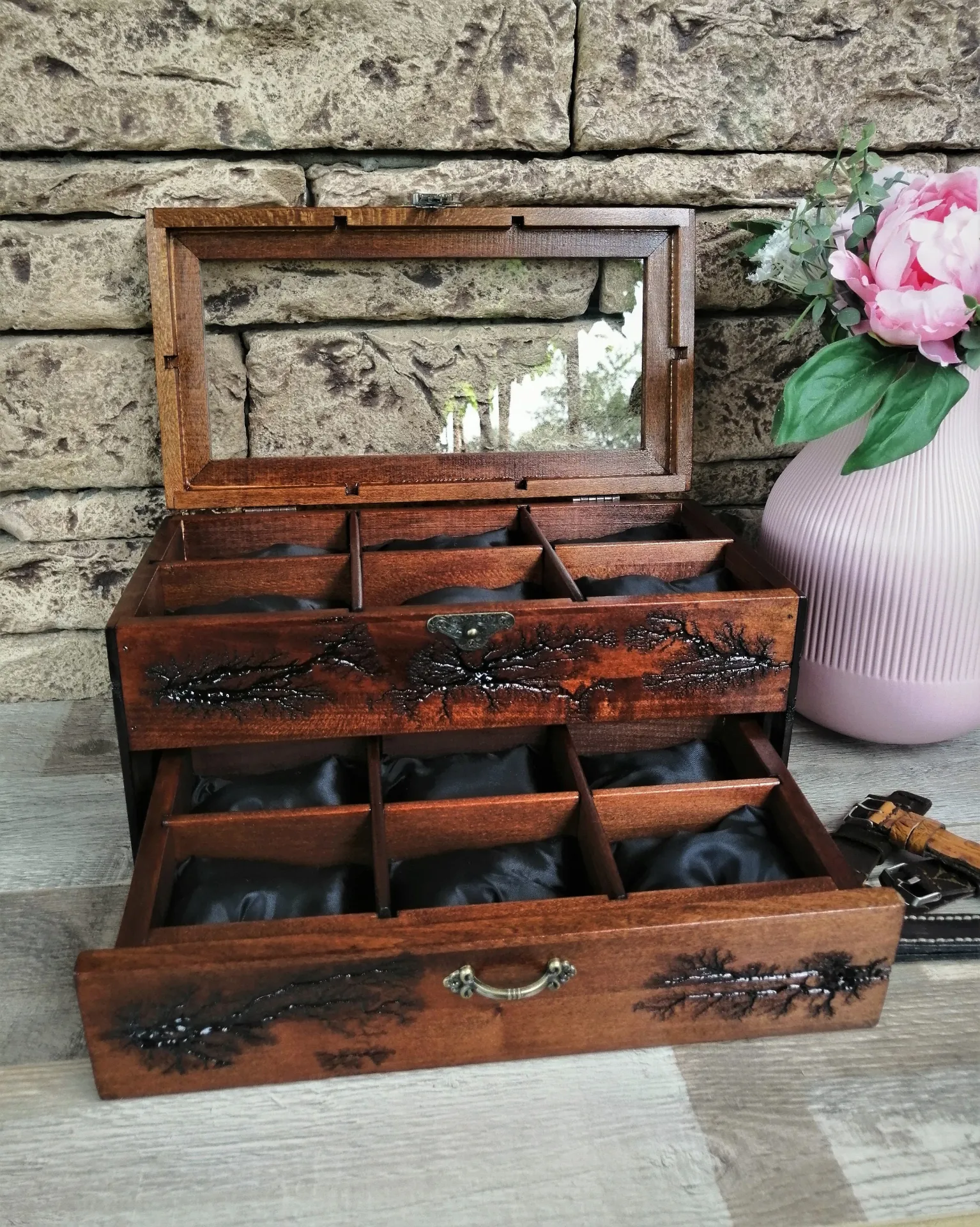 Wood Watch Box Storage With Drawer Glass Display Top | 12 Slot Watchbox Lichtenberg Figure