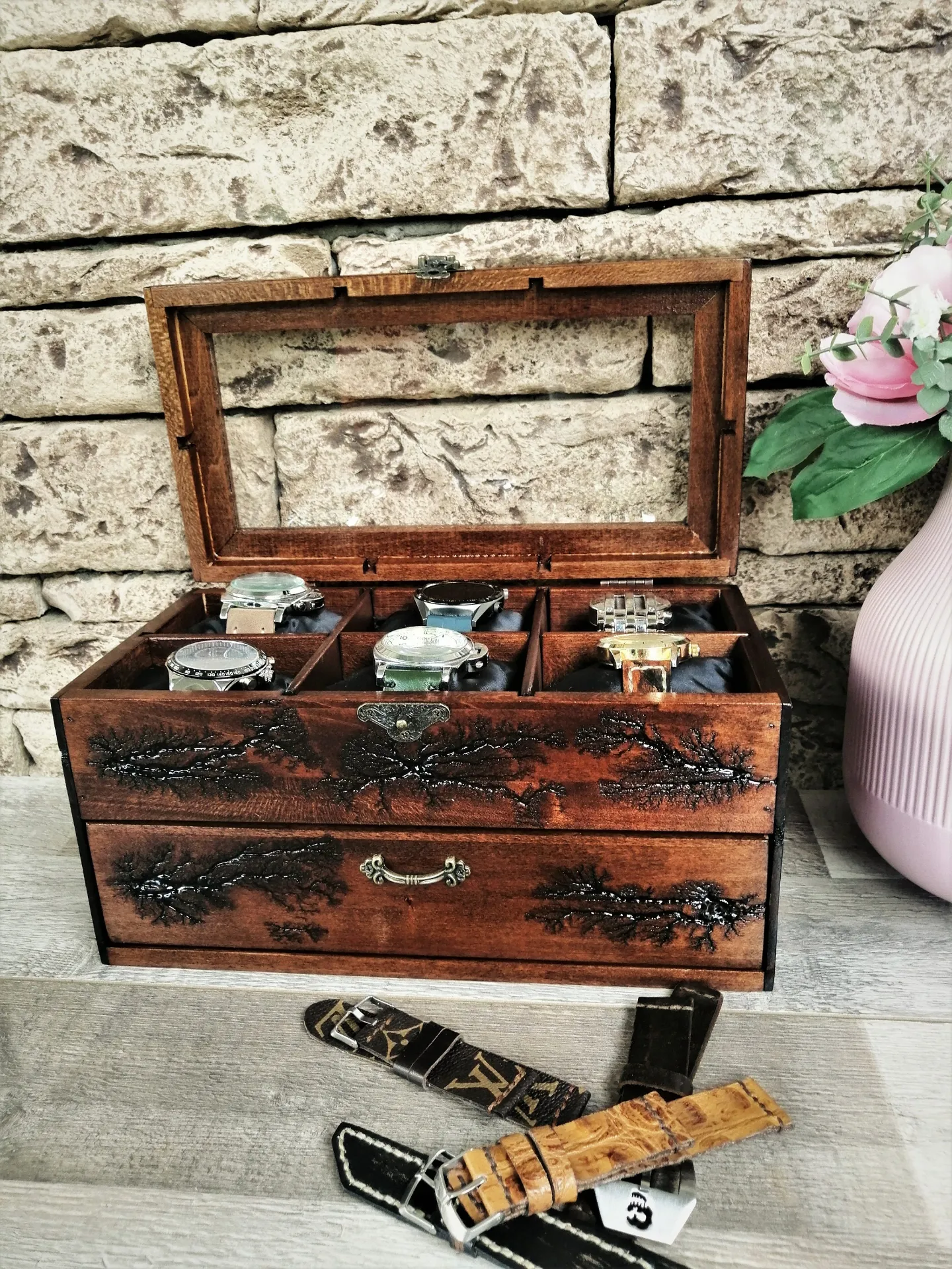 Wood Watch Box Storage With Drawer Glass Display Top | 12 Slot Watchbox Lichtenberg Figure