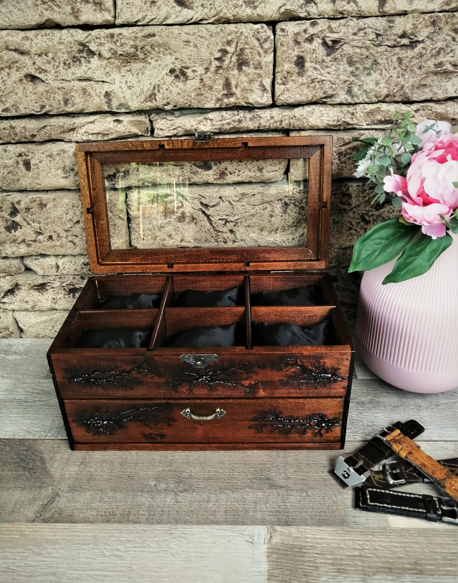 Wood Watch Box Storage With Drawer Glass Display Top | 12 Slot Watchbox Lichtenberg Figure